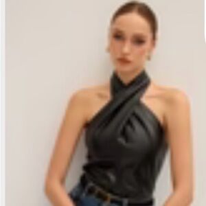 Black Faux Leather Cross Neck Halter Womens Top- runs slightly small